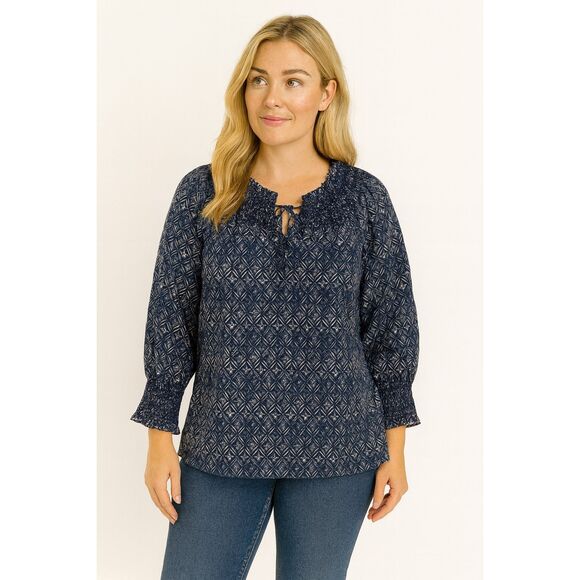 Talbots Tops - Talbots cotton blue printed smocked neck blouse medium